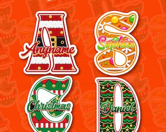 Custom Christmas Initial Name Sticker Personalized Text Monogram Holiday Xmas Decal with Text, Vacation Aesthetic Keepsake Gift Boy Girl