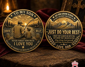 Moneda personalizada de desafío de padre a hijo Regalo personalizado de campamento en el lago Sunset para papá e hijo Recuerdo familiar del Día del Padre para papá e hijo