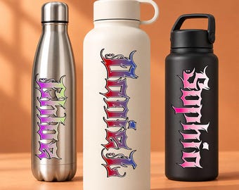 Pegatina transparente con nombre gótico personalizado, texto de color personalizado, calcomanía de estilo vintage, botellas transparentes vintage, regalo para niño, niña, fan, enfermera, maestra