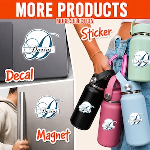 May include: A collection of personalized items featuring a blue and white monogram sticker with the name Darius in script. The set includes a decal on a laptop, a magnet on a refrigerator, and stickers applied to black, pink, and blue water bottles.