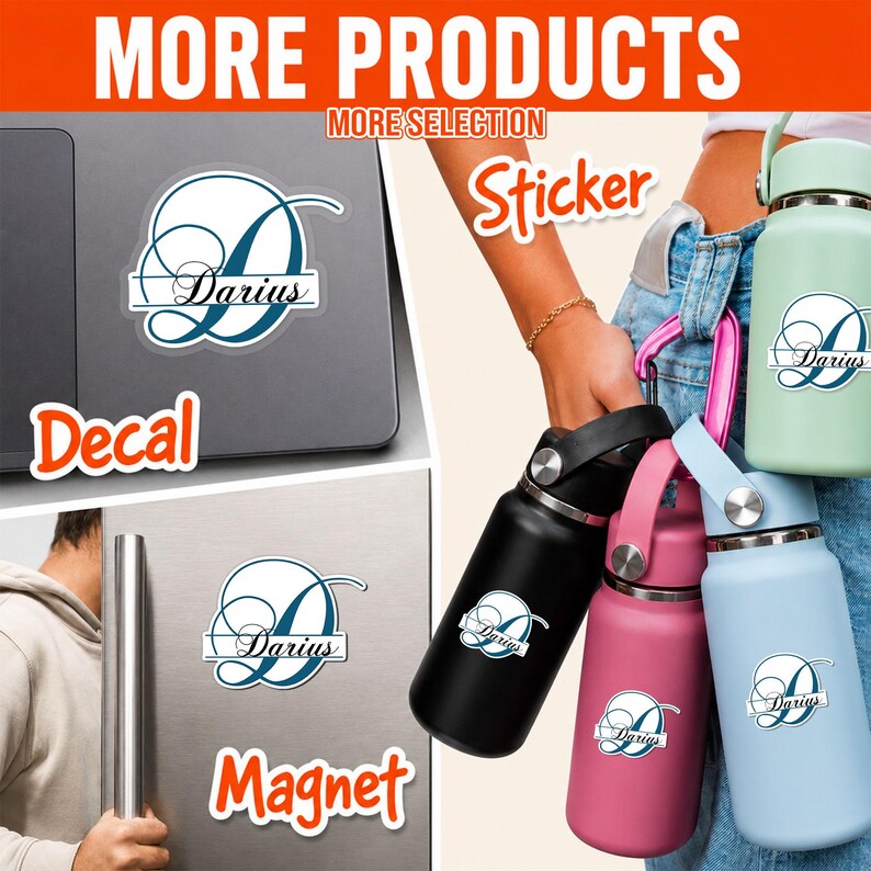 May include: A collection of personalized items featuring a blue and white monogram sticker with the name Darius in script. The set includes a decal on a laptop, a magnet on a refrigerator, and stickers applied to black, pink, and blue water bottles.