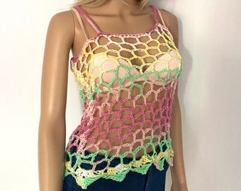 Arc-en-ciel camisole dentelle gilet designer unique femmes tricoté à la main/crochet pastel réservoir gilet maille printemps été vêtements beachwear cami top