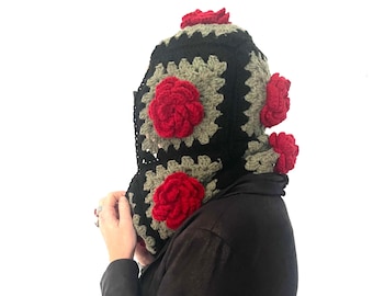 Crochet Balaclava , rose granny square balaclava , designer snood , Crochet hood ski mask , balaclava , black white balaclava Irish , roses