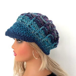 Newsboy peaked hat, brimmed chunky adult Womens men unisex handmade crochet beanie irish knit visor hat, holiday gift hippy dread hat