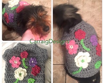 Xxs Xs Small dog pullover with flowers hippy coat sweater costume dress up unique designer crochet knit rainbow gift puppy clothes pearls