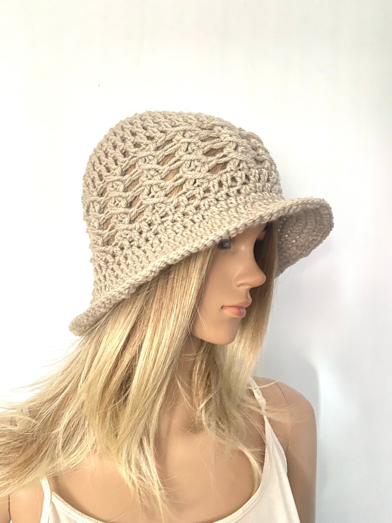 Cloche bucket hat beanie peak summer Womens hand crochet knit brim hippie boho teen unique designer chemo vintage look 1920s irish image 8