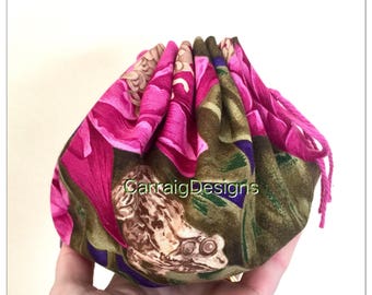 Small drawstring purse bag sanitary pad bag, makeup holder girls Hippy Womens teens designer unique handmade hippie gift flower frogs cotton