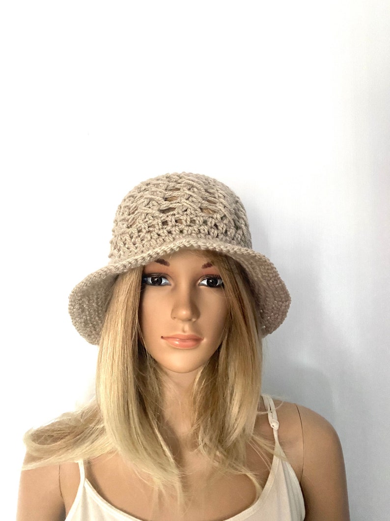 Cloche bucket hat beanie peak summer Womens hand crochet knit brim hippie boho teen unique designer chemo vintage look 1920s irish image 3