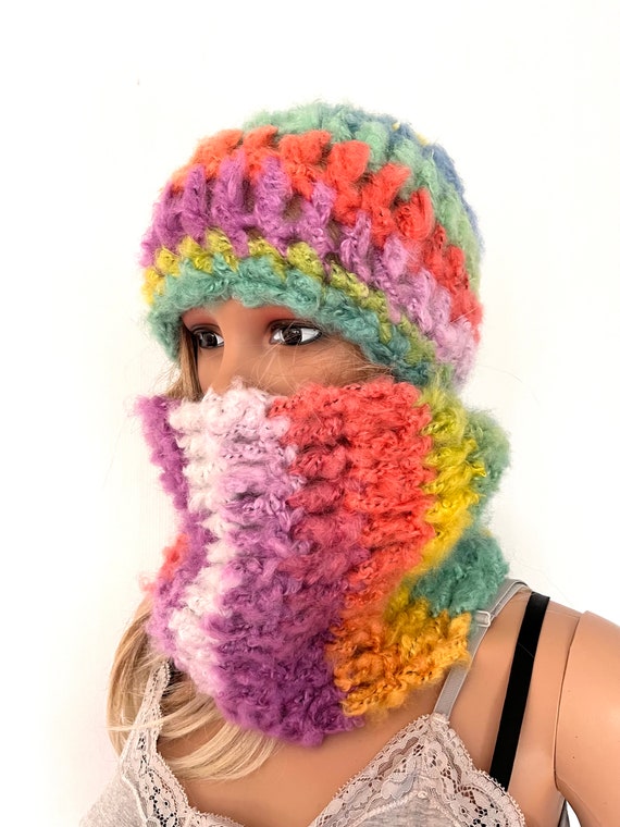 Chunky Rainbow Scarf and Hat Set Beanie Crochet Womens Teens  display picture 3