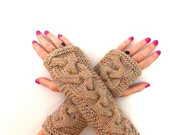 Oatmeal Hand knit cabled fingerless mittens Womens teens knit gloves hand wrist arm warmers unique designer winter handmade sale ooak irish