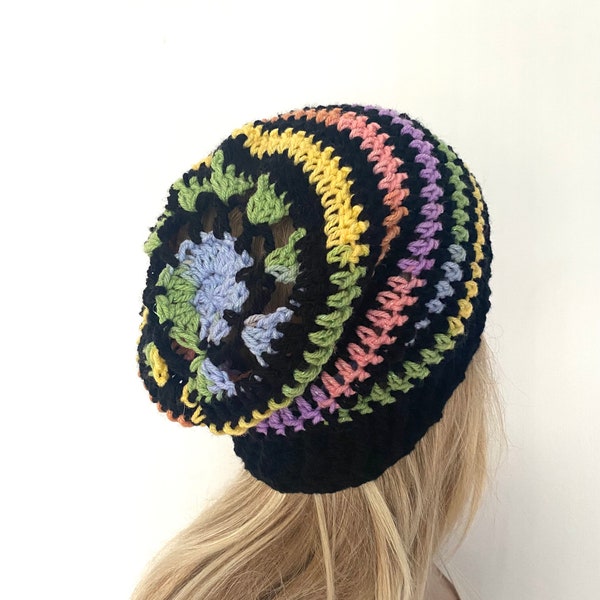 Woven Cotton Slouch Beanie Hat Black/Grey