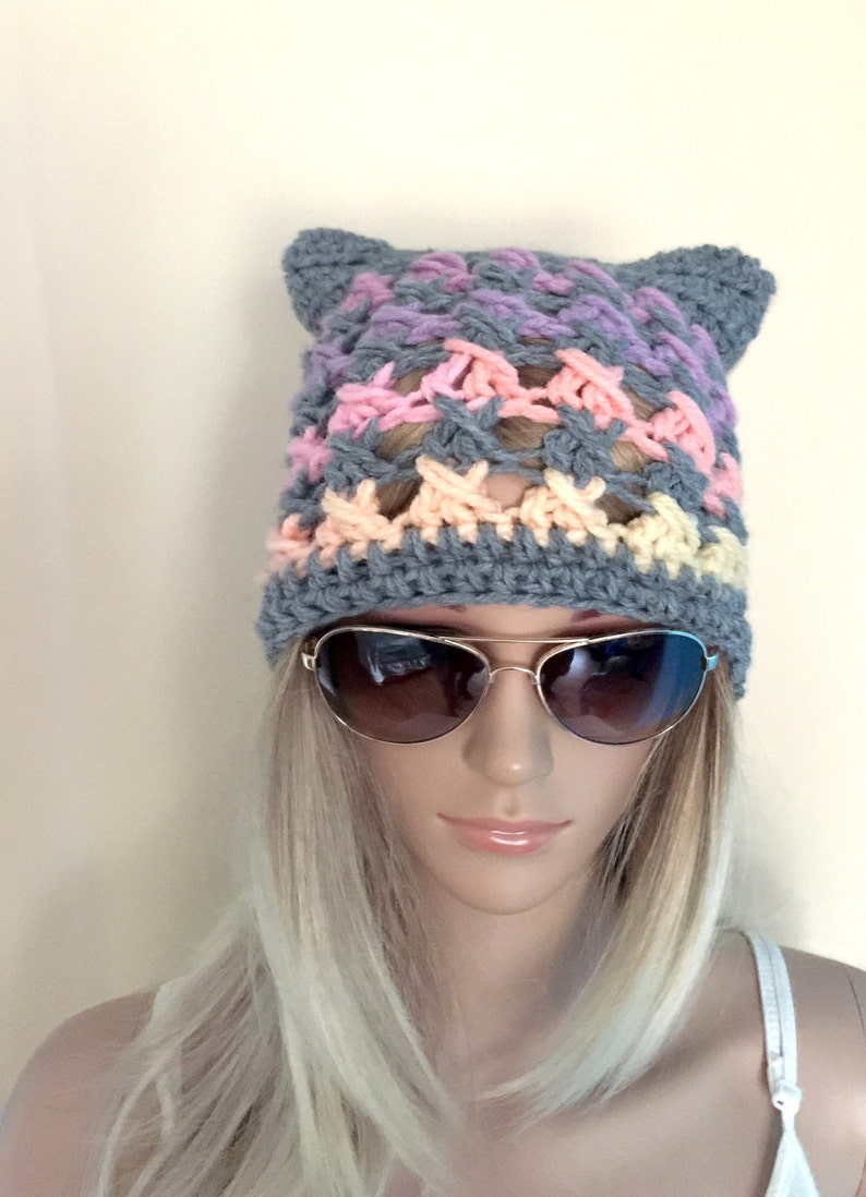 Womens teens Cat ears handmade crochet beanie beret hat grey irish chunky lace rainbow winter hat animal novelty hat pussy