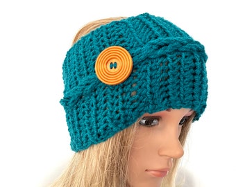 Braided blue headband, crochet womens teens hand knit hippy hippie chunky ear warmer, dreadlock unique design boho autumn Irish large button