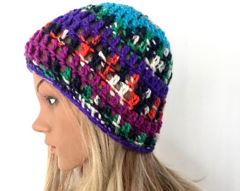 Chunky beanie hat , hand crochet knit beanie hat rainbow hippie boho tam teens unique designer irish handmade ooak funky yarn wool hat boho