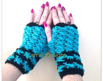 Crochet mitaines sans doigts turquoise Femmes ados tricots gants main poignet chauffe-bras designer unique hiver vente artisanale ooak noir irlandais