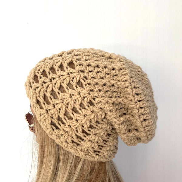 Oatmeal slouch hat lace Womens hand crochet knit oversized slouchy beanie snood hat tie string hippie boho tam teens unique designer beige