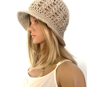 Cloche bucket hat beanie peak summer Womens hand crochet knit brim hippie boho teen unique designer chemo vintage look 1920s  irish