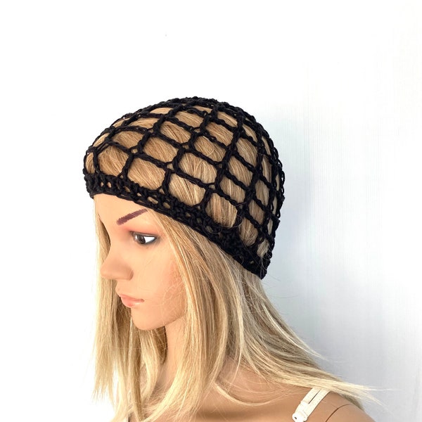 Bonnet d'été en coton noir maille toile d'araignée bonnet unique designer femmes ados au crochet chapeau en tricot cadeau rasta boho festival ooak printemps chapeau de voiture