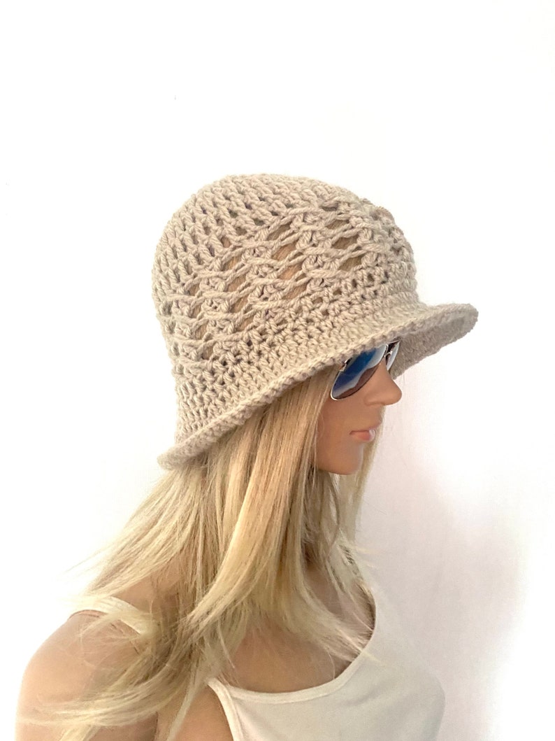 Cloche bucket hat beanie peak summer Womens hand crochet knit brim hippie boho teen unique designer chemo vintage look 1920s irish image 2