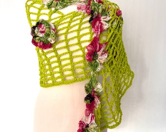 Crochet flower shawl, multicolour scarf wrap  wedding, triangular mesh lace flower shawl, shrug poncho knitted, brooch hippy clothes, shawl