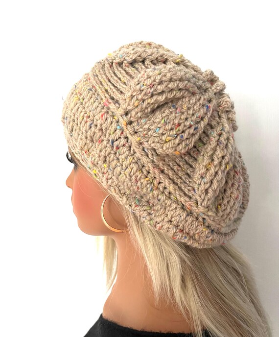 Large Flower Leaf Crochet Beret, Irish Aran Beret Hat ,adult  display picture 1