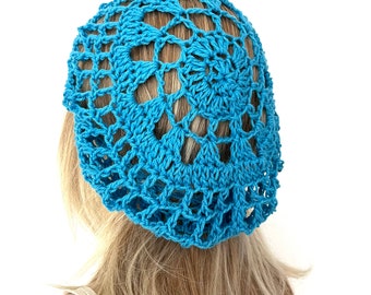 Blue cotton summer Beret hat Hippy spider web mesh beanie Unique designer women crochet knit dread tam hat gift boho festival summer