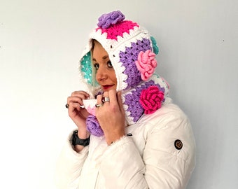 Crochet Balaclava , rose granny square balaclava , designer snood , Crochet hood ski mask , balaclava , white rainbow balaclava Irish , rose