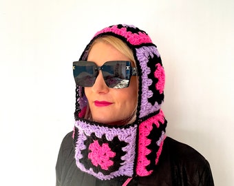 Crochet Balaclava , granny square balaclava , designer snood , Crochet hood ski mask , knit balaclava , pink  black balaclava Irish , unisex