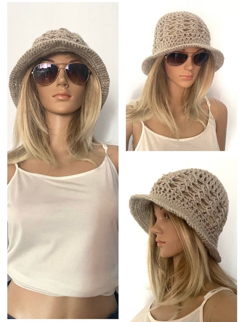 Cloche bucket hat beanie peak summer Womens hand crochet knit brim hippie boho teen unique designer chemo vintage look 1920s irish image 9