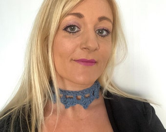 Denim choker crochet lace necklace jewellery irish seller Hippy knit Women teens designer unique handmade hippie gift wedding Ireland