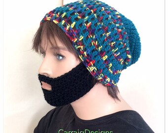 Slouch Beard hat black designer mens unisex hand crochet knit beanie hat rainbow blue Irish hat boyfriend guy gift face warmer winter bearde