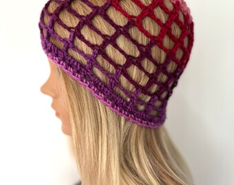 Summer hat mesh spider web beanie Unique designer womens teens crochet knit  hat gift rasta boho festival spring Pink wine rainbow