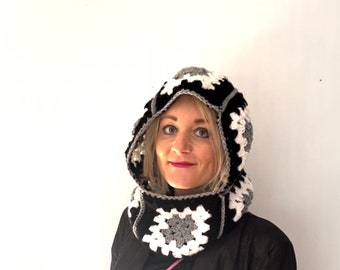 Crochet Balaclava , granny square balaclava , designer snood , Crochet hood ski mask , knit balaclava , black white balaclava Irish , unisex