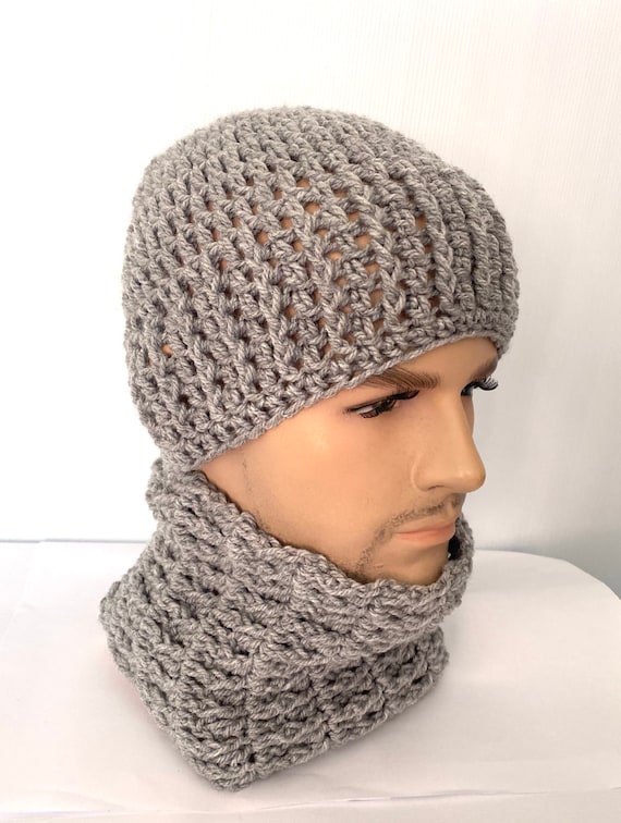Grey Man Hat and Scarf Set Designer Mans Mens Unisex Hand Crochet