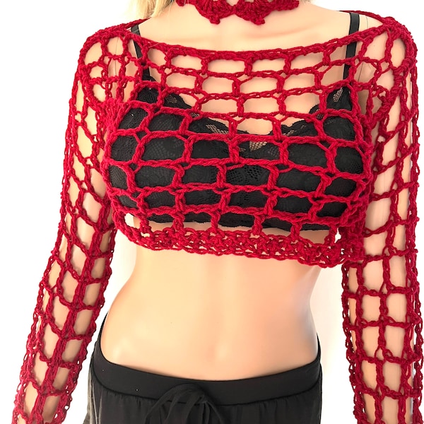 Cropped mesh long sleeved sweater Dark red crochet knit women, spring cover up dress, poncho for summer boho beach Irish lace Y2K fishnets