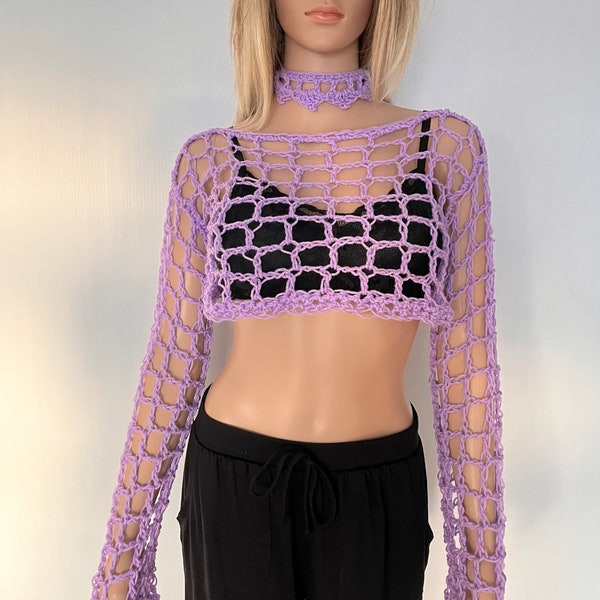 Cropped mesh long sleeved sweater lilac crochet knit women, spring cover up dress, poncho for summer boho beach Irish Y2K fishnets purple