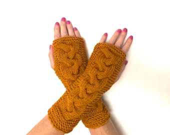 Gold Hand knit cabled fingerless mittens Womens teens knit gloves hand wrist arm warmers unique designer winter handmade sale ooak irish