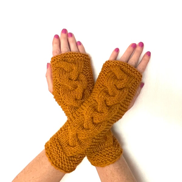 Gold Hand knit cabled fingerless mittens Womens teens knit gloves hand wrist arm warmers unique designer winter handmade sale ooak irish