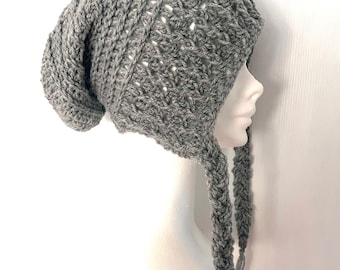 Grey Slouch hat with pigtails , women platt hat beanie slouch crochet knit gift rainbow festival gift slouchy hippy Irish tam hat chunky