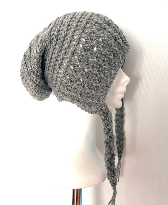 Grey Slouch Hat With Pigtails , Women Platt Hat Beanie