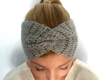 Grey Twisted headband crochet womens teens hand knit dread wrap hippy hippie ear warmer dreadlock unique design boho Irish Ireland seller