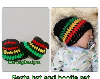 Ensemble de chaussons chapeau rasta bébé garçon fille au crochet, bonnet hippie hippy hippie ajusté ou mou, créateur jamaïcain, nouveau-né 0 3 6 12 mois