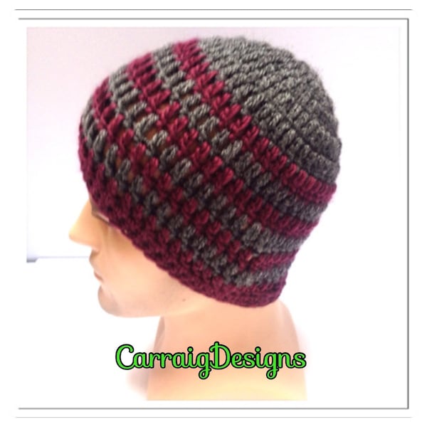 Designer mans mens unisex hand crocheted/knitted classic beanie hat,grey,maroon,wine gaming aran hat skull cap sale gift unique style