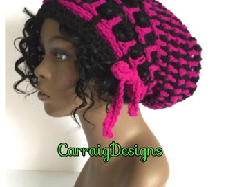 Womens/teens hand crocheted/knitted oversized slouch dread tam,dreadlocks beret hat,unique mandla black magenta,pink tie