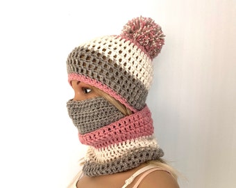 Irish Aran Scarf and hat face mask set Beanie crochet Womens teens hand knit hat grey cream pink gift winter hippy cowl large pompom