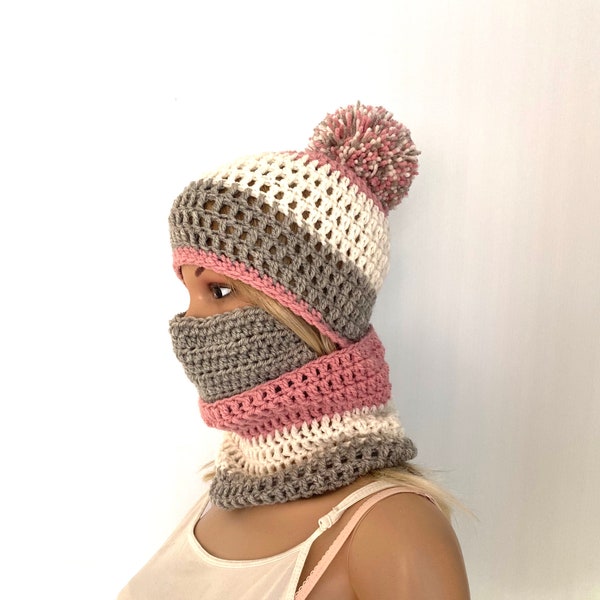 Irish Aran Scarf and hat face mask set Beanie crochet Womens teens hand knit hat grey cream pink gift winter hippy cowl large pompom