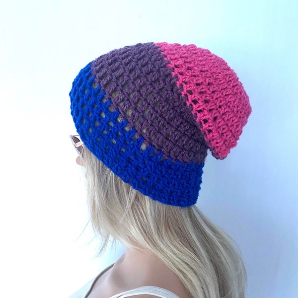 Bisexual Pride slouch beanie hat flag hat crochet, hats lgbt lgbtq+ teens irish sale gay hat pastel accessories pride month knit handmade