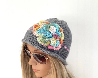 BUY1GET1HalfPRICE  women knit hat with flower crochet knit beanie hippie boho tam teens unique designer irish sale cloche flapper hat chemo