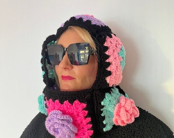 Crochet Balaclava , rose granny square balaclava , designer snood , Crochet hood ski mask , balaclava , black white balaclava Irish , roses