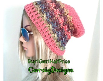 BUY1GET1HalfPRICE peach slouch beanie Womens teens hand crocheted/knitted oversized hat unique lace rainbow, multicolour slouchy irish